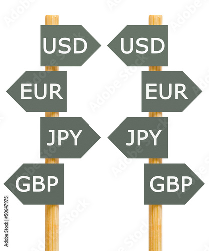 Illustration: Imitation signpost about most traded four currencies Isolated Imitation signpost about most traded four currencies Isolated