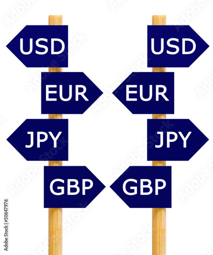 Illustration: Imitation signpost about most traded four currencies Isolated Imitation signpost about most traded four currencies Isolated