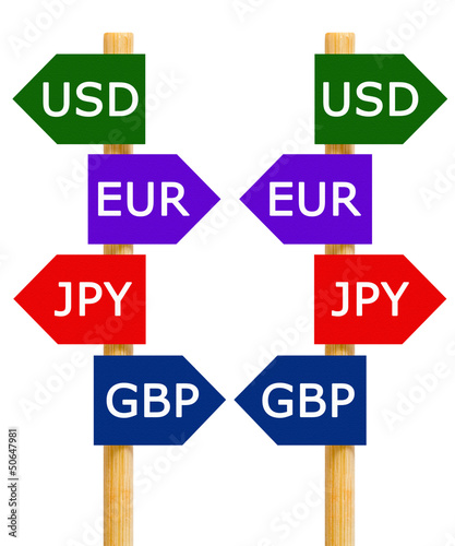 Illustration: Imitation signpost about most traded four currencies Isolated Imitation signpost about most traded four currencies Isolated