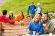 Friends having fun rest area drinking refreshments