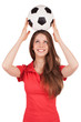 Girl holding a soccer ball on his head