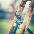 Detail of Gardening Secateurs Hang Up on a Gardening Ladder