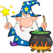 Funny Wizard Waving With Magic Wand And Preparing A Potion