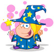 Happy Wizard Blonde Girl Waving With Magic Wand