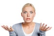 Worried woman spread hands and doesn't know what to do