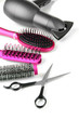 Comb brushes, hairdryer and cutting shears, isolated on white