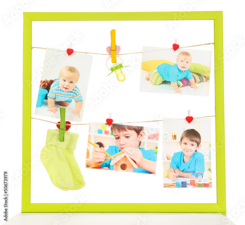 Photo: Colorful frame with different things on rope isolated on white Colorful frame with different things on rope isolated on white