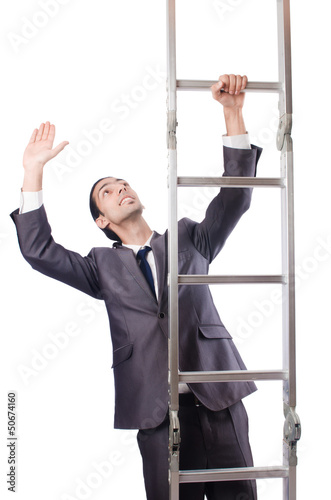 Photo: Businessman climbing the ladder isolated on white Businessman climbing the ladder isolated on white
