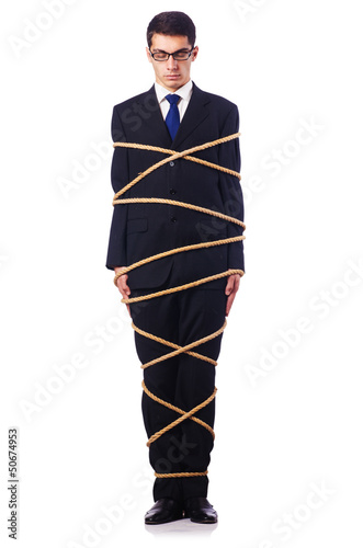 Photo: Businessman tied up with rope on white Businessman tied up with rope on white