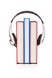 Concept of audio books with earphones on white