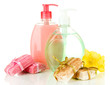 Liquid and hand-made soaps isolated on white
