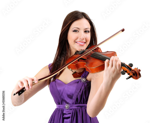 Photo: Beautiful young girl with violin, isolated on white Beautiful young girl with violin, isolated on white