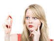 Photo: young blond girl afraid with medicine pill young blond girl afraid with medicine pill