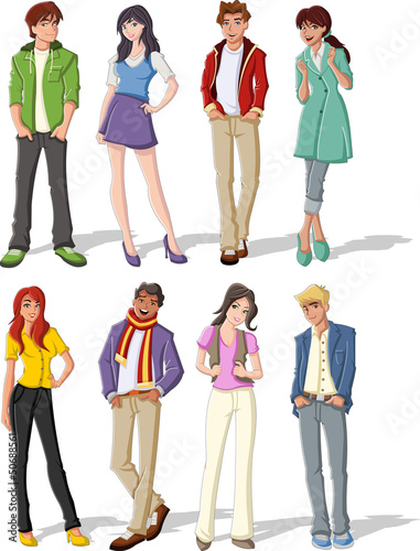 Vector: Group of fashion cartoon young people. Teenagers. Group of fashion cartoon young people. Teenagers.