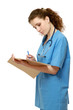 Foto: A female doctor with a folder, isolated on white background A female doctor with a folder, isolated on white background