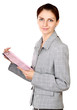 Young business woman with folder, isolated on white background
