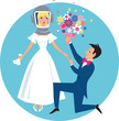 Allergic bride in a diving helmet and groom with flowers