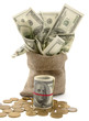 Canvas money sack with one hundred dollar bills