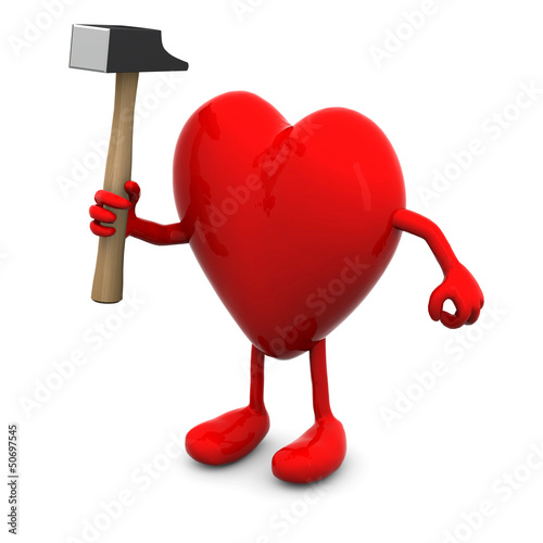Illustration: red heart with arms and legs and hammer on hand red heart with arms and legs and hammer on hand