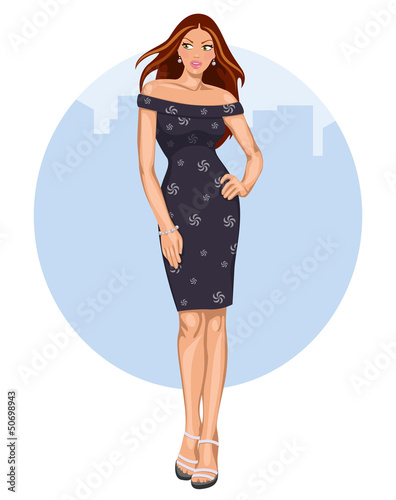 Vector: Mujer joven con vestido y tacones Mujer joven con vestido y tacones