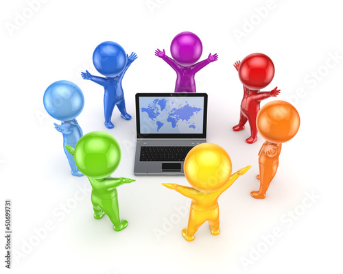 Illustration: Colorful people around notebook. Colorful people around notebook.