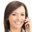 Happy businesswoman with cell phone, isolated
