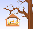 Vektor: Bird house with birds are hung on branch Bird house with birds are hung on branch
