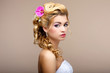 Charm. Elegant Blond Woman Fiancee with Flowers. Womanliness