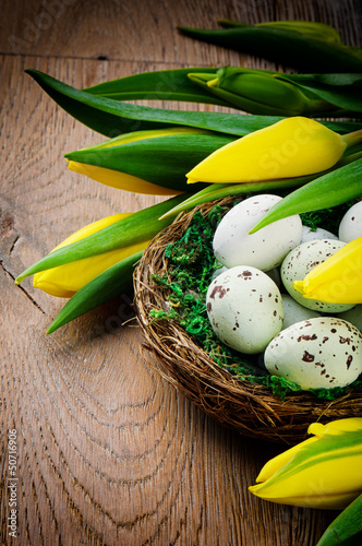 Photo: Easter setting with yellow tulips Easter setting with yellow tulips