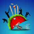 Abstract sports concept with cricket ball on wicket stumps.