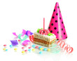 Colorful birthday cake with candle isolated on white