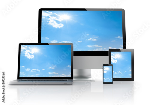 Illustration: computer, laptop, tablet and smartphone on white computer, laptop, tablet and smartphone on white
