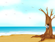 A bird inside the tree hollow at the seashore