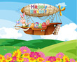 An airship floating above the hills with flowers