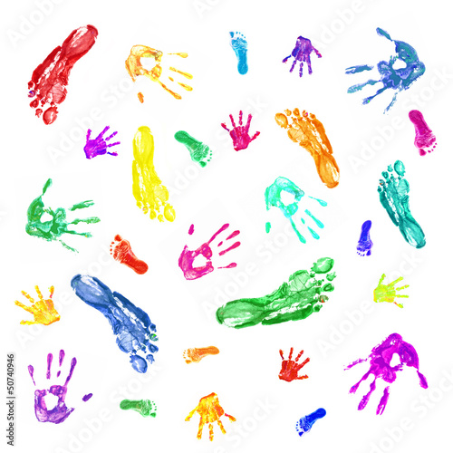 Photo: Colorful prints of painted hands and feet of family, mom, dad an Colorful prints of painted hands and feet of family, mom, dad an