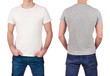 Front and back view of man wearing blank white and gray t-shirt