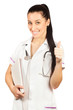 woman doctor in white coat is showing a thumbs-up gesture