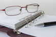 Agenda, gafas y bolígrafo