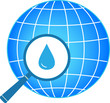 icon with blue planet, magnifier and drop silhouette