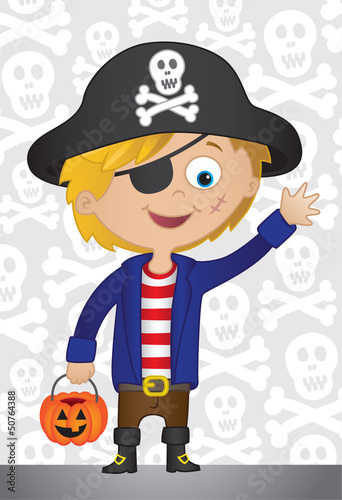 Vector: Trick or treat. Boy dressed in a pirate outfit for Halloween Trick or treat. Boy dressed in a pirate outfit for Halloween