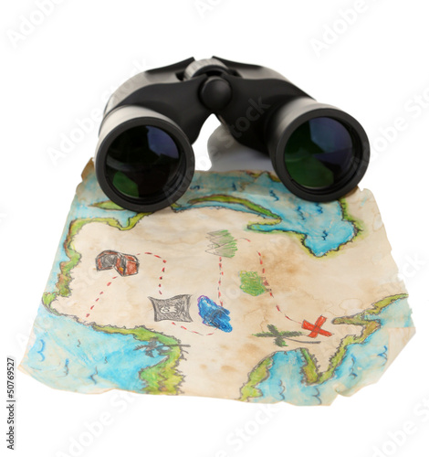 Photo: Black modern binoculars with map of adventure isolated on white Black modern binoculars with map of adventure isolated on white