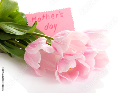 Photo: Beautiful bouquet of pink tulips for Mother's Day, isolated Beautiful bouquet of pink tulips for Mother's Day, isolated