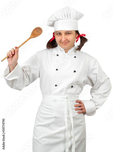 Photo: Woman chef in uniform isolated on white background. Woman chef in uniform isolated on white background.