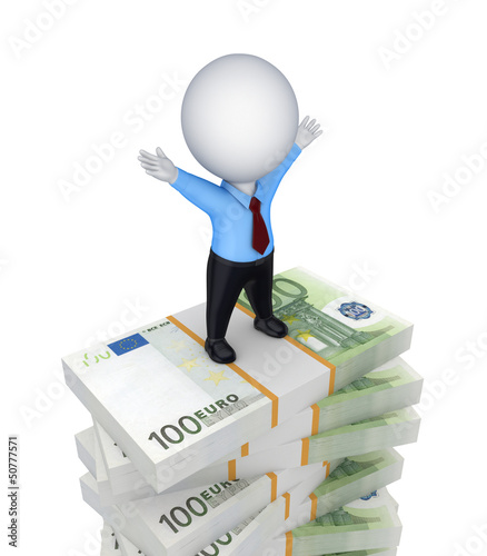 Illustration: 3d small person standing on a stack of euro. 3d small person standing on a stack of euro.