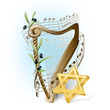 Vector: harp with musical notes, olives and star of David harp with musical notes, olives and star of David