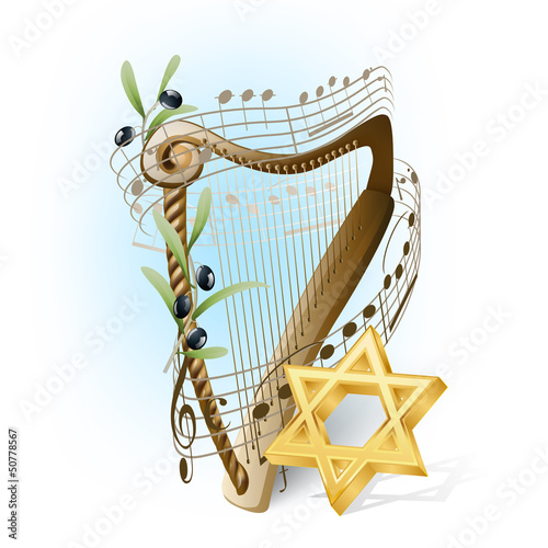 Vector: harp with musical notes, olives and star of David harp with musical notes, olives and star of David