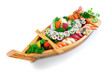 Collection of species sushi on the decorative plate ship. On a w