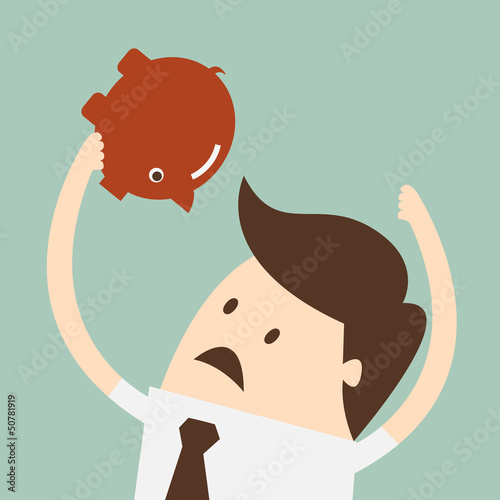 Vector: business man thinking how to open piggy bank business man thinking how to open piggy bank