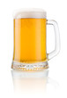 Mug fresh beer with cap of foam isolated on white background