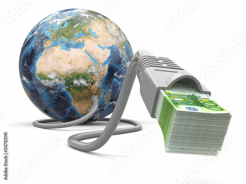 Illustration: Make money online. Concept. Earth and internet cable with money. Make money online. Concept. Earth and internet cable with money.